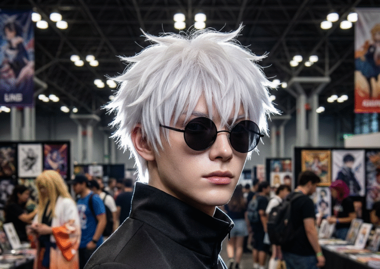 A young person cosplaying Satoru Gojo